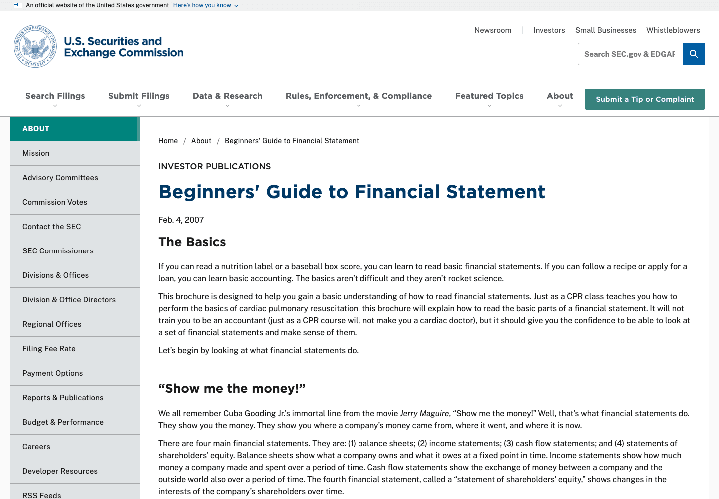 SEC beginner guide to financial statements captured from SEC.gov