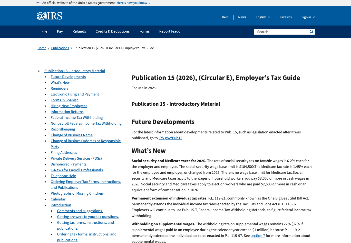 IRS Publication 15 employer tax guide captured from IRS.gov