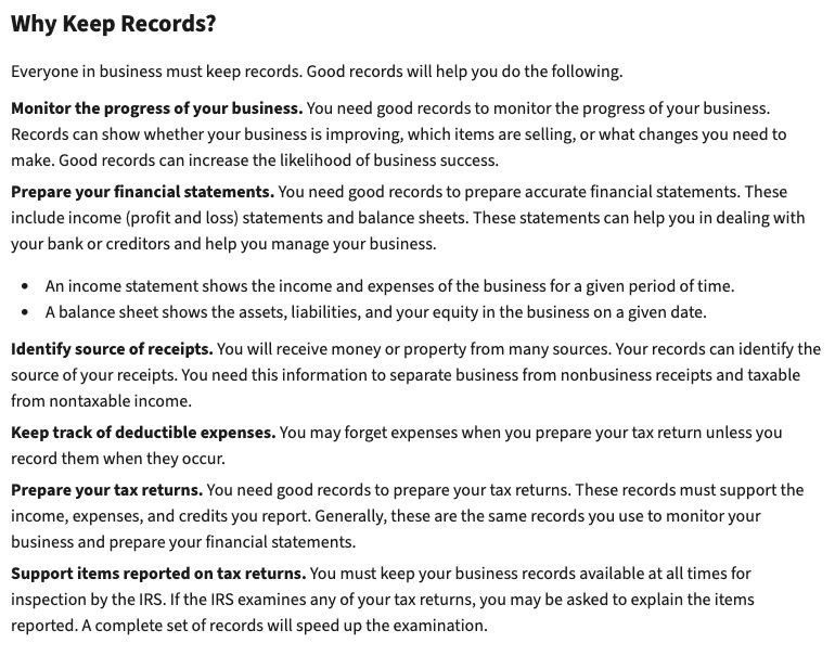 IRS Publication 583 recordkeeping source page captured from IRS.gov