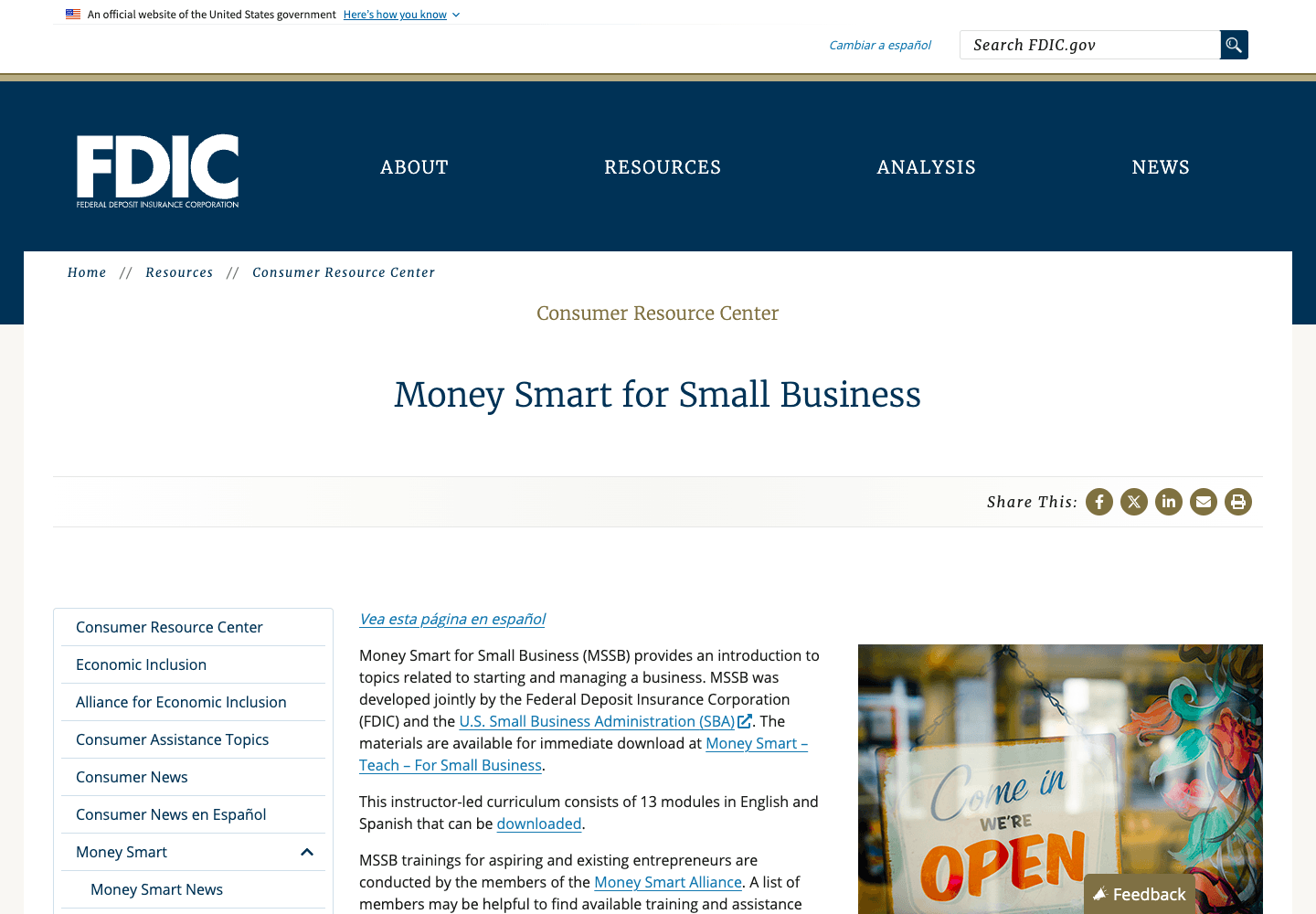FDIC Money Smart for Small Business page captured from FDIC.gov
