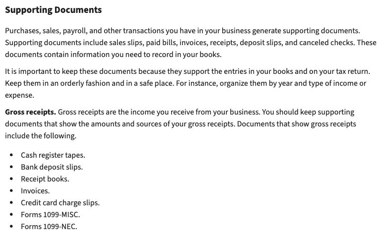 Supporting Documents section of IRS Publication 583 listing evidence for gross receipts